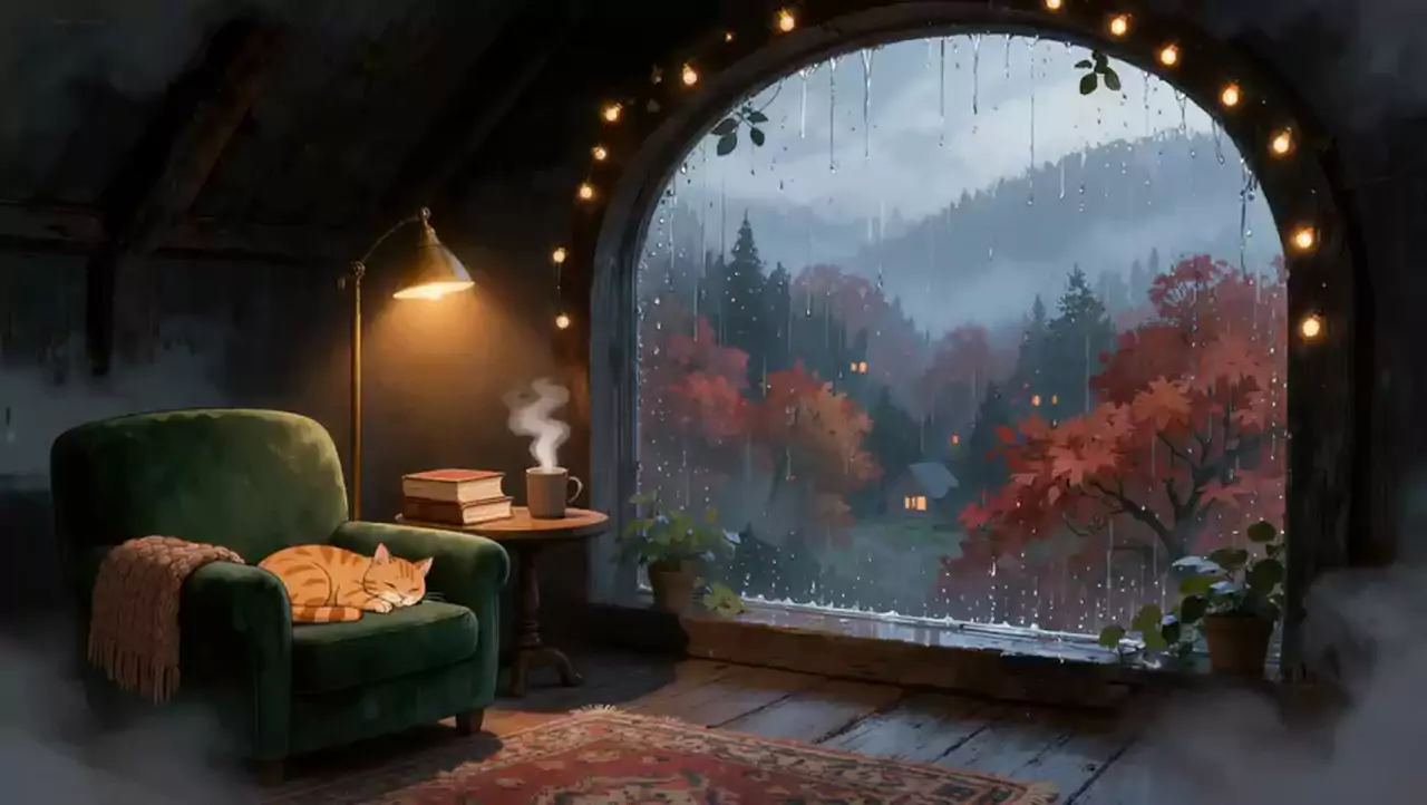 Ginger cat asleep on a green velvet armchair by a steaming mug, an arched rainy window showing red autumn trees and a cabin