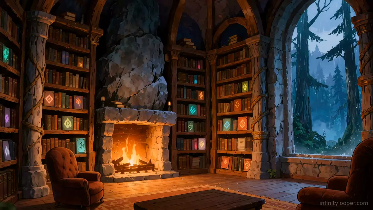 Stone fantasy library with a log fire in a large hearth, glowing rune books on shelves and an arch onto a rainy forest