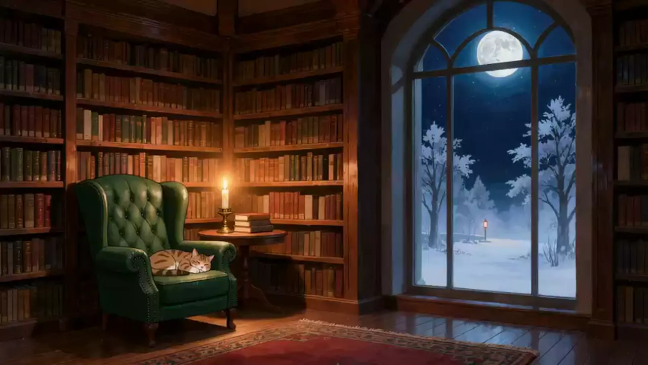 Library corner with a cat asleep in a green leather armchair by a candle, and a window showing a full moon over snowy trees