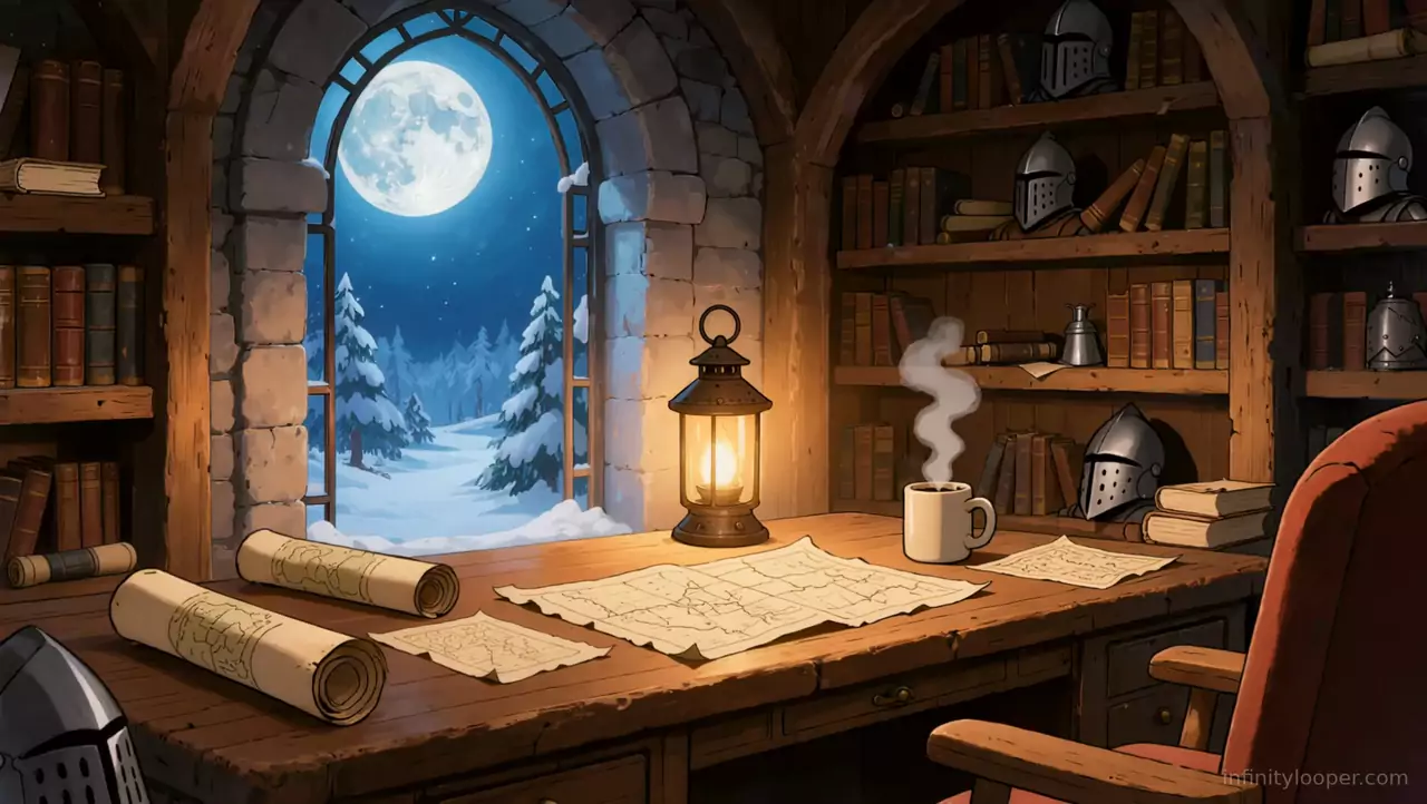 Lantern-lit wooden desk with maps, scrolls and a steaming mug, knight helmets on shelves and a moonlit snowy forest window