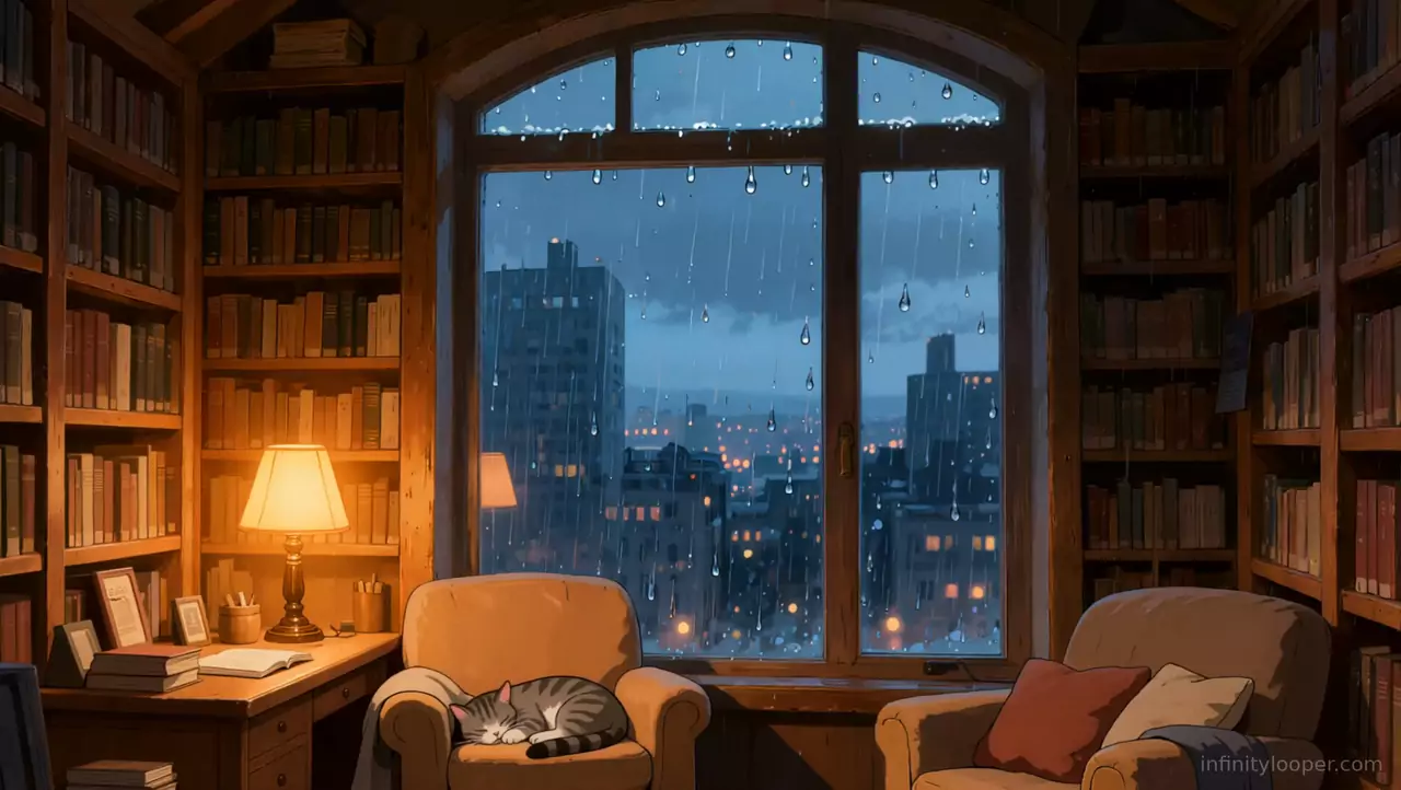 Library with tall shelves, a lamp-lit desk and a grey cat asleep in an armchair below a rainy window over a city at dusk