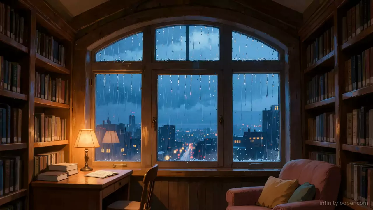 Night study with a lamp on a wooden desk, a pink armchair and a rain-covered three-pane window over city lights