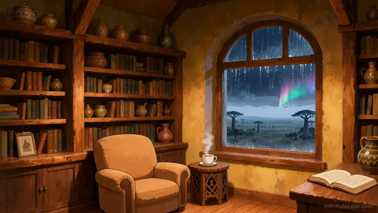 Ochre study with shelves, clay pots, an armchair and a steaming cup by an arched window showing rain, baobabs and an aurora