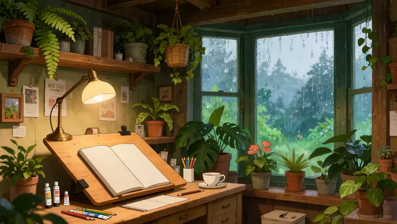 Sketching desk with a blank open sketchbook, brass lamp and paints, surrounded by houseplants beside a rainy bay window
