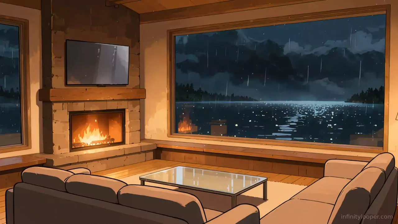 Cabin lounge at night with a fire in a stone fireplace, two sofas and a large window showing rain over a dark lake