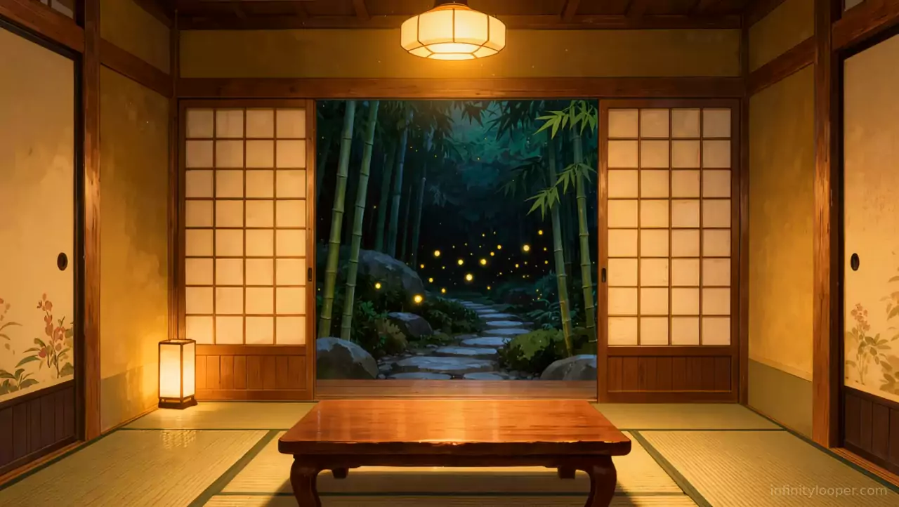 Tatami room with a low wooden table, paper lanterns and open shoji doors onto a night bamboo forest with fireflies