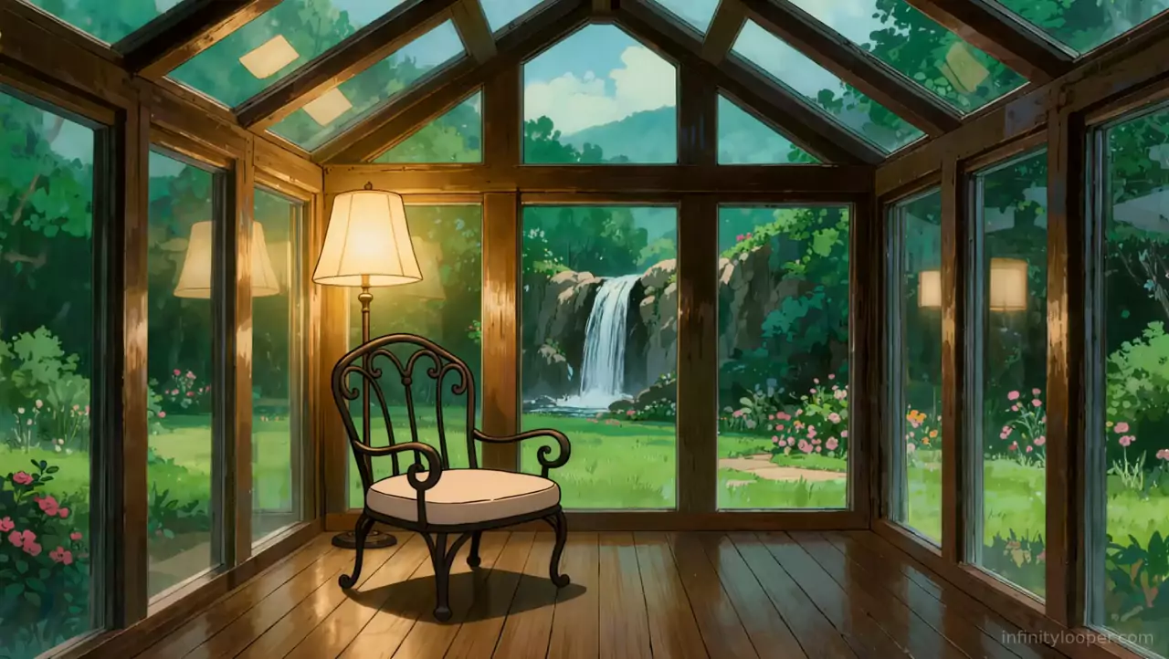 Empty glass conservatory with a wrought-iron chair and floor lamp, facing a waterfall in a green garden of roses