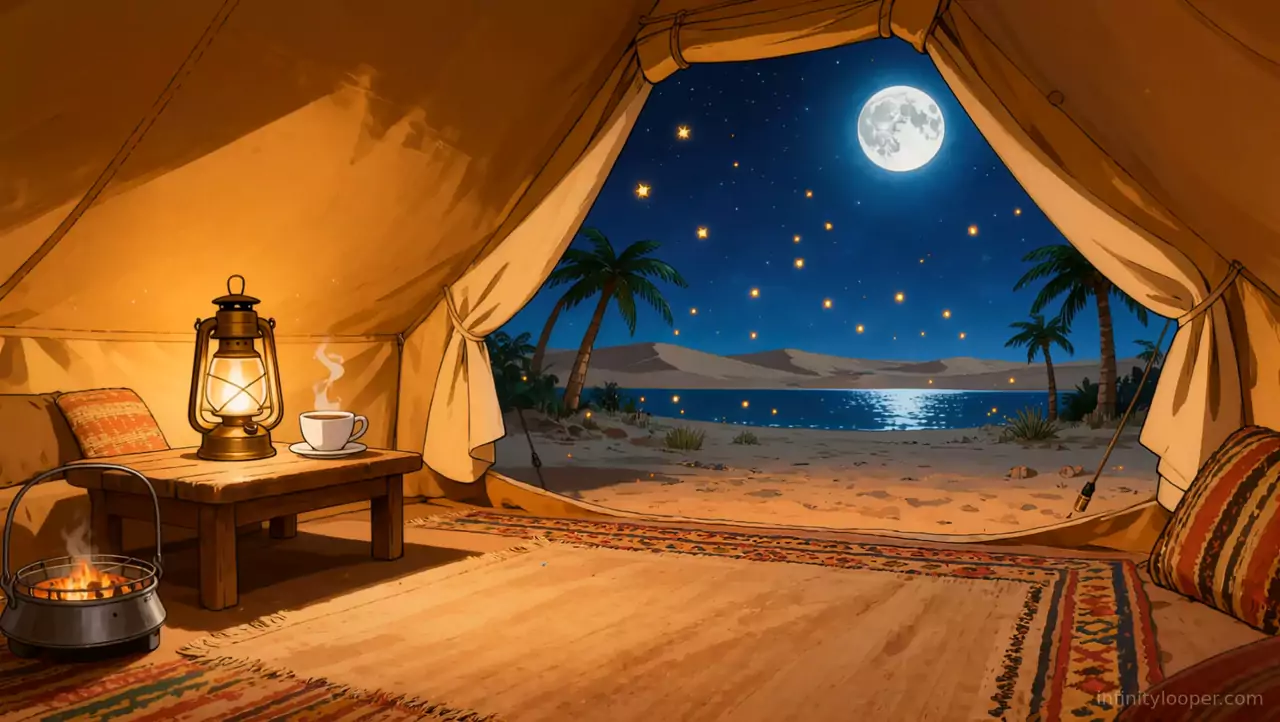 View from a lantern-lit desert tent of a full moon over an oasis lake with palm trees, dunes and a small fire pot