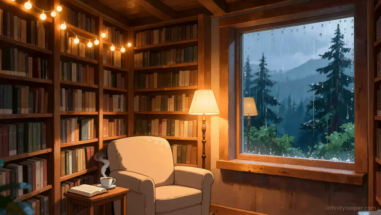 Library corner with a cream armchair, floor lamp, open book and steaming tea beside a rainy window facing pine hills