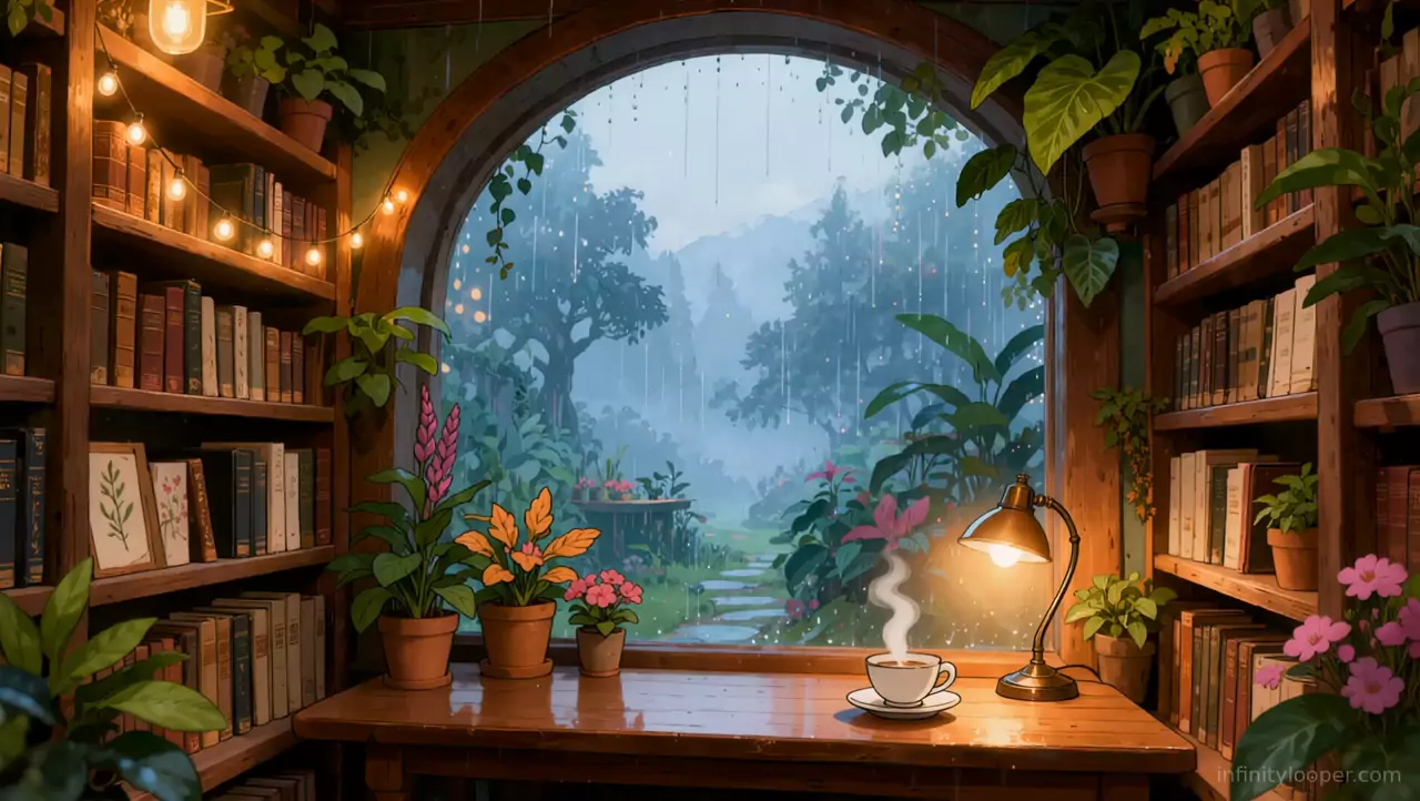 Arched library window with rain over a misty garden, potted plants, bookshelves, a brass lamp and a steaming coffee cup