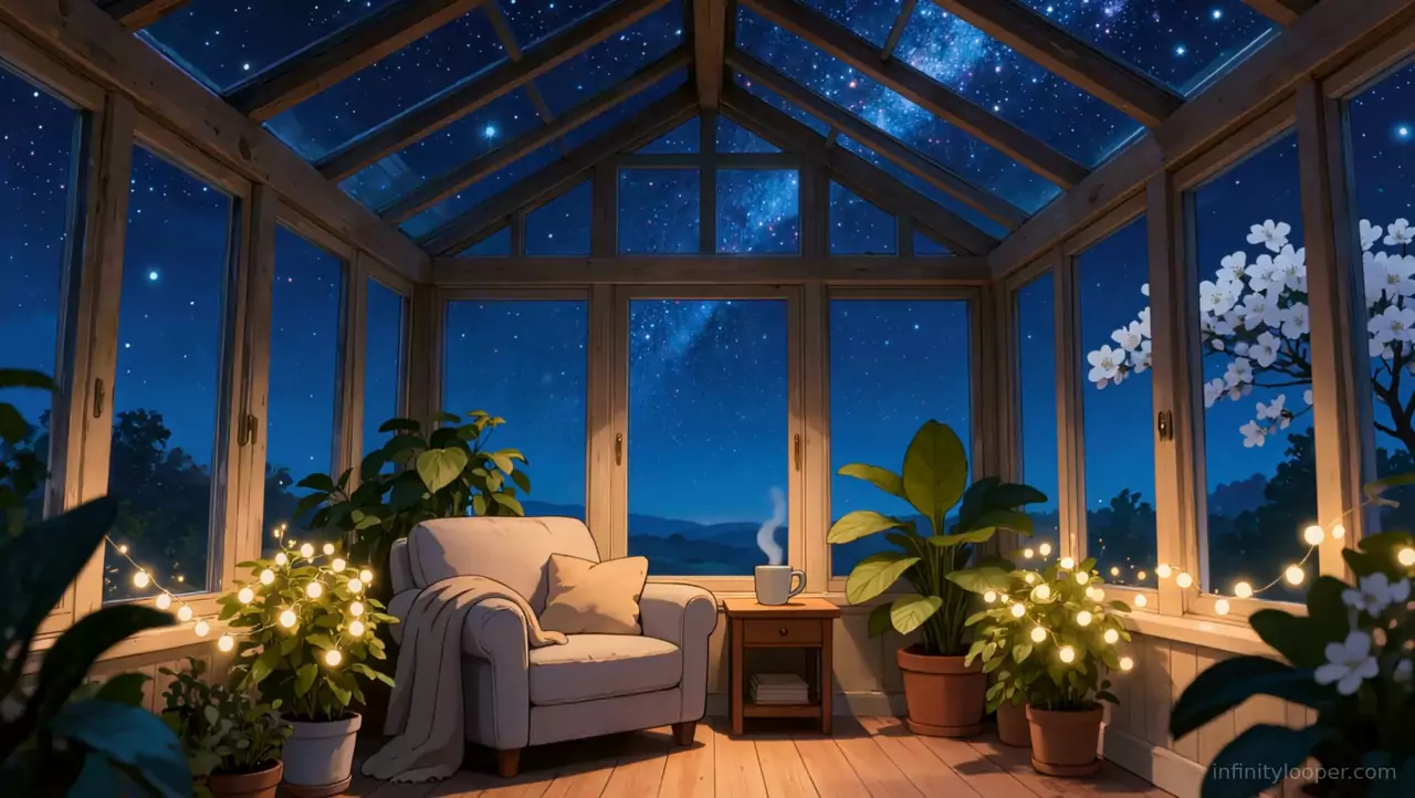 Glass conservatory at night under a starry sky, with an armchair, a steaming mug on a side table and fairy-lit plants
