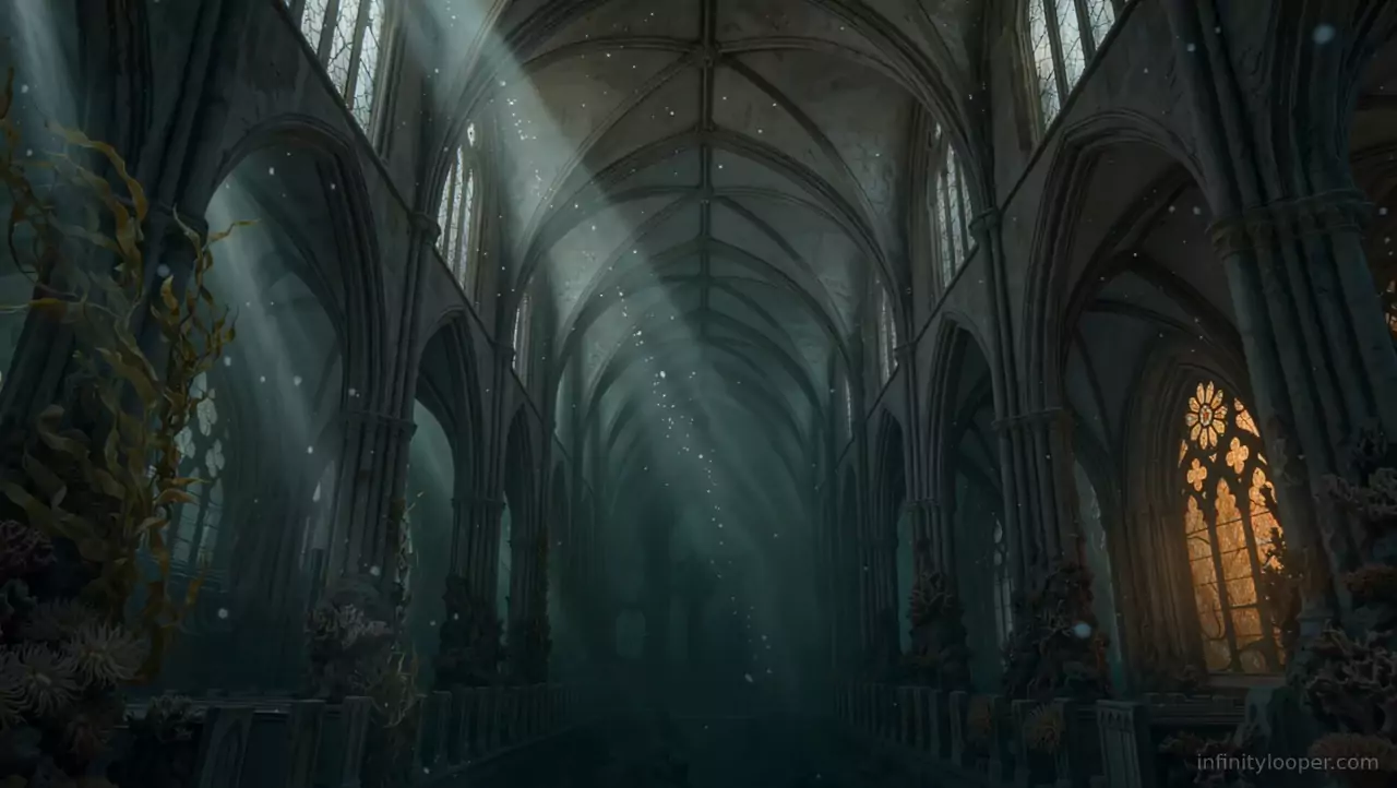Flooded Gothic cathedral nave underwater, with light beams from high windows, kelp, coral pillars and an amber rose window