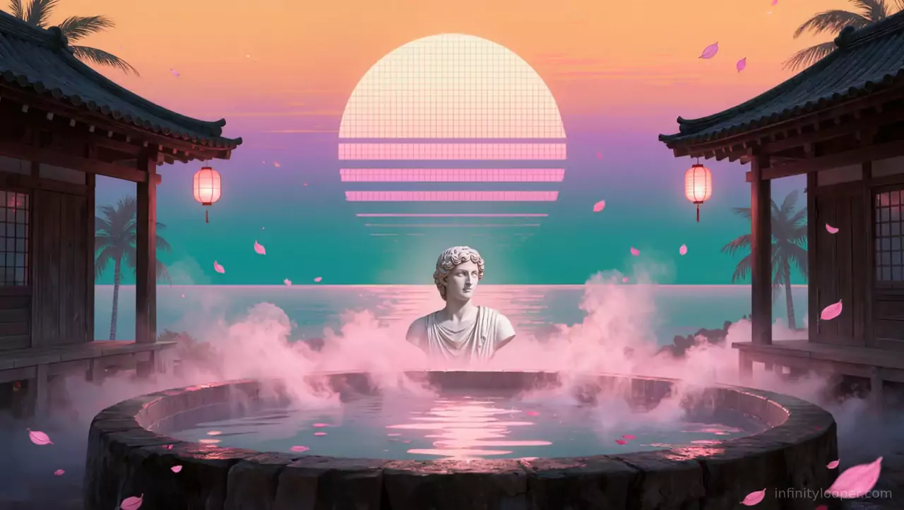 White marble bust in a steaming stone pool under a striped retro sun, wooden eaves with red lanterns, pink petals