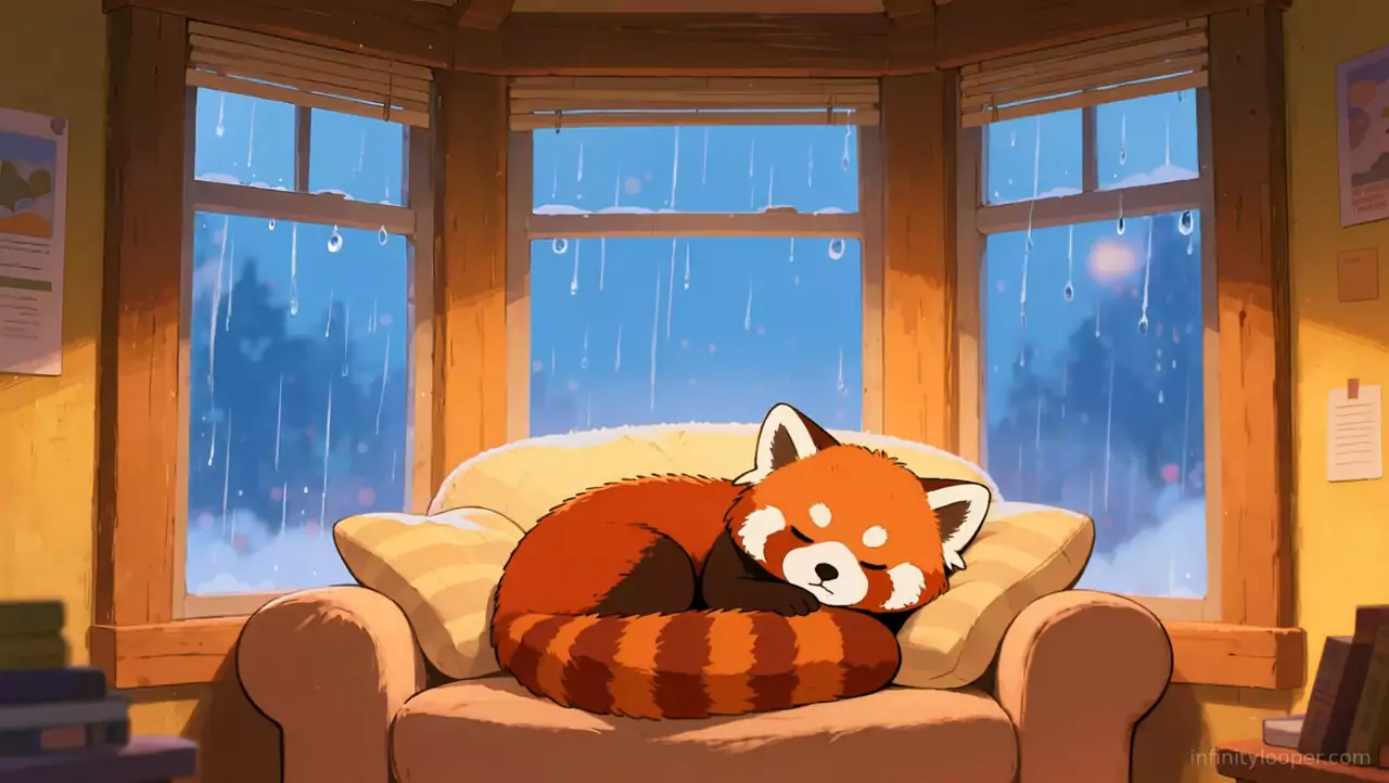 Red panda asleep on cushions in a tan armchair, rain on a bay window with blurred snowy trees behind
