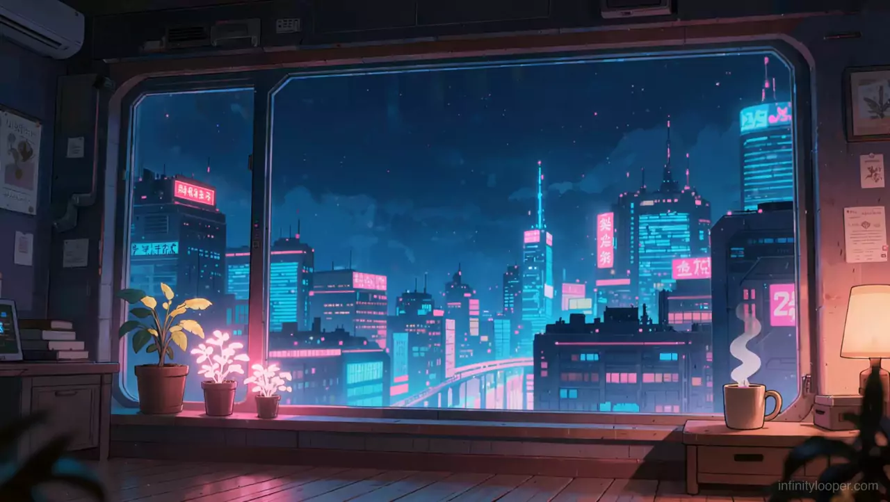 Wide window onto a teal and pink neon city at night, glowing potted plants on the sill, a steaming mug and lamp