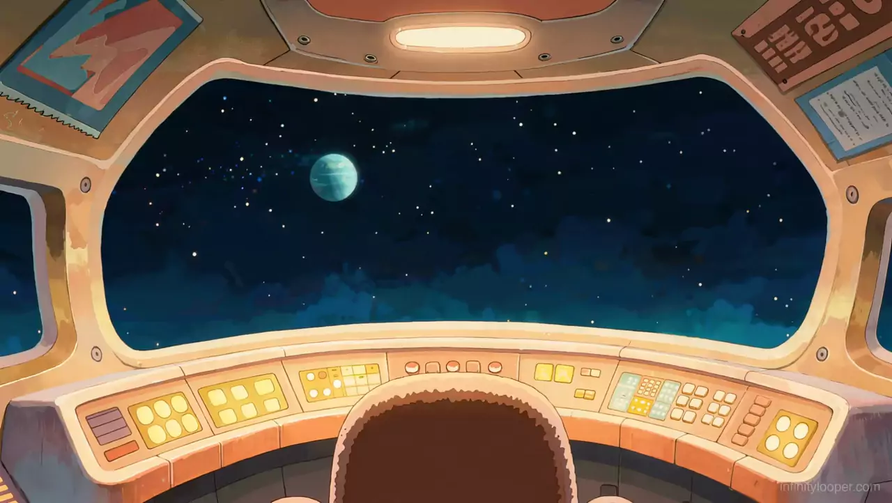 Retro cream spaceship cockpit with a curved window showing a small blue planet and stars, yellow buttons below