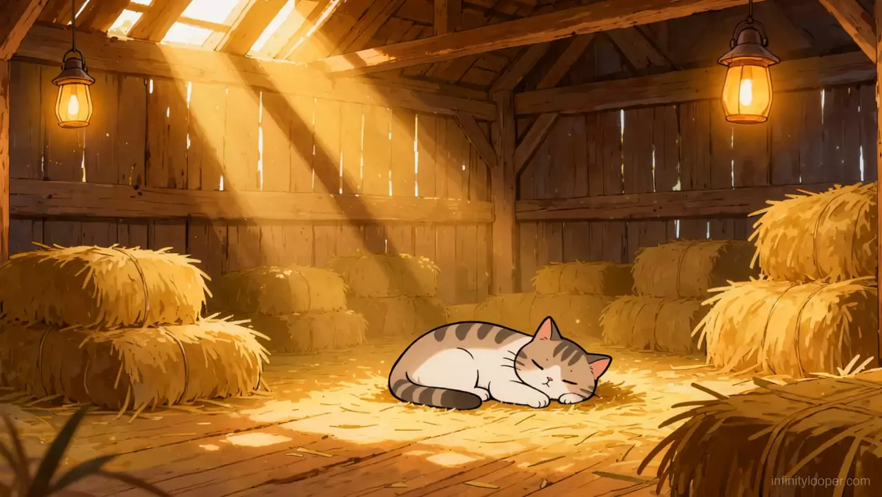 Grey tabby cat asleep on straw in a wooden barn, sunbeams through the roof, hay bales and two hanging lanterns