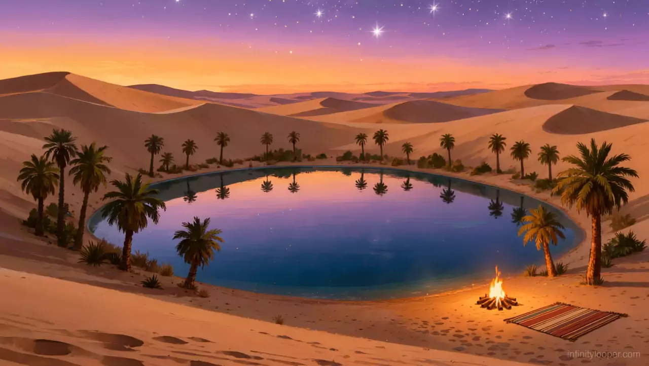 Oval oasis pool ringed by palm trees in sand dunes at dusk, a small campfire and striped rug on the shore