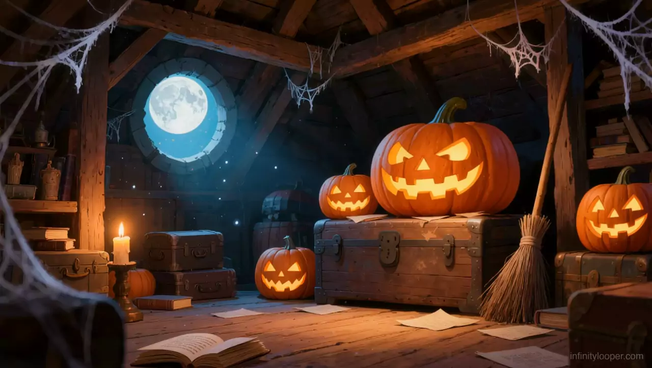 Wooden attic with four glowing jack-o'-lanterns, a broom, chests and a candle, full moon in a round window