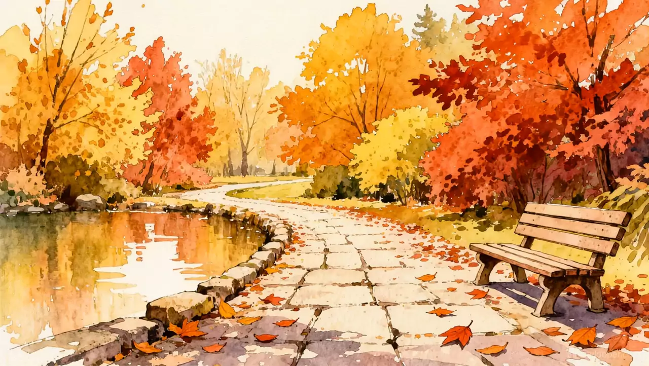 Watercolour painting of a stone park path curving past a pond and wooden bench under orange and red autumn trees