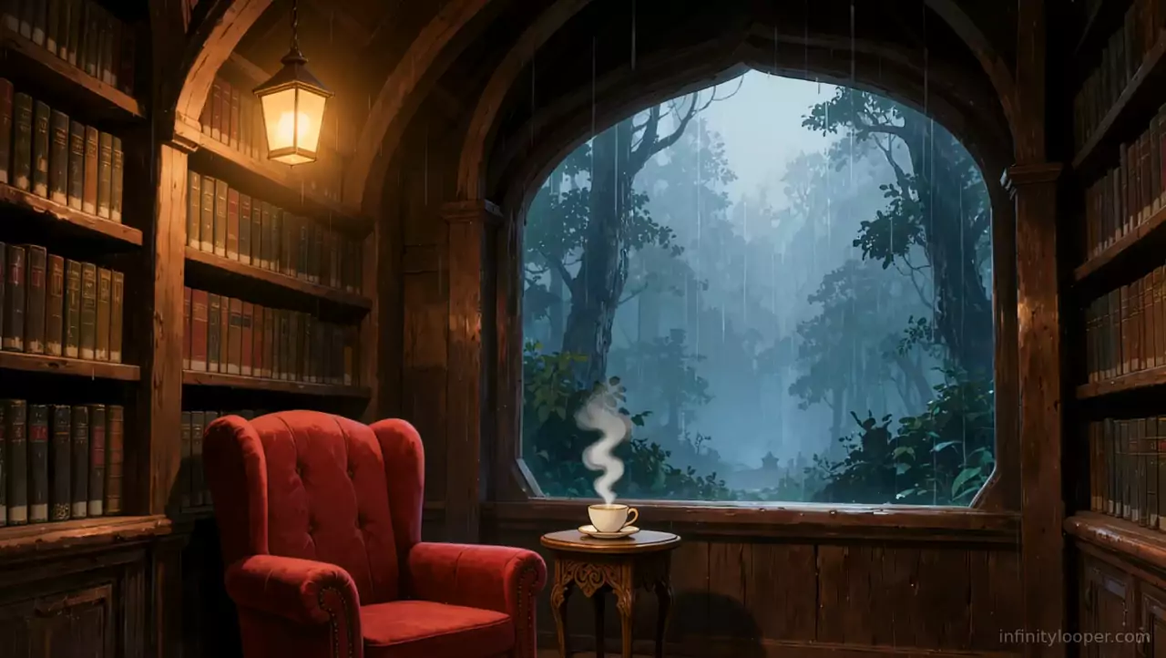 Dark wooden library with a red wingback chair, hanging lantern and steaming teacup by an arched window onto rainy woods