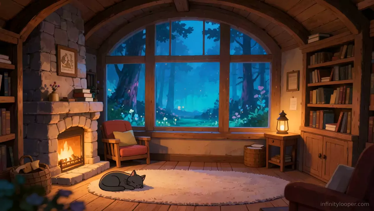 Cabin study at night with a fire in a stone fireplace, a black cat asleep on a white rug and an arched window onto blue woods