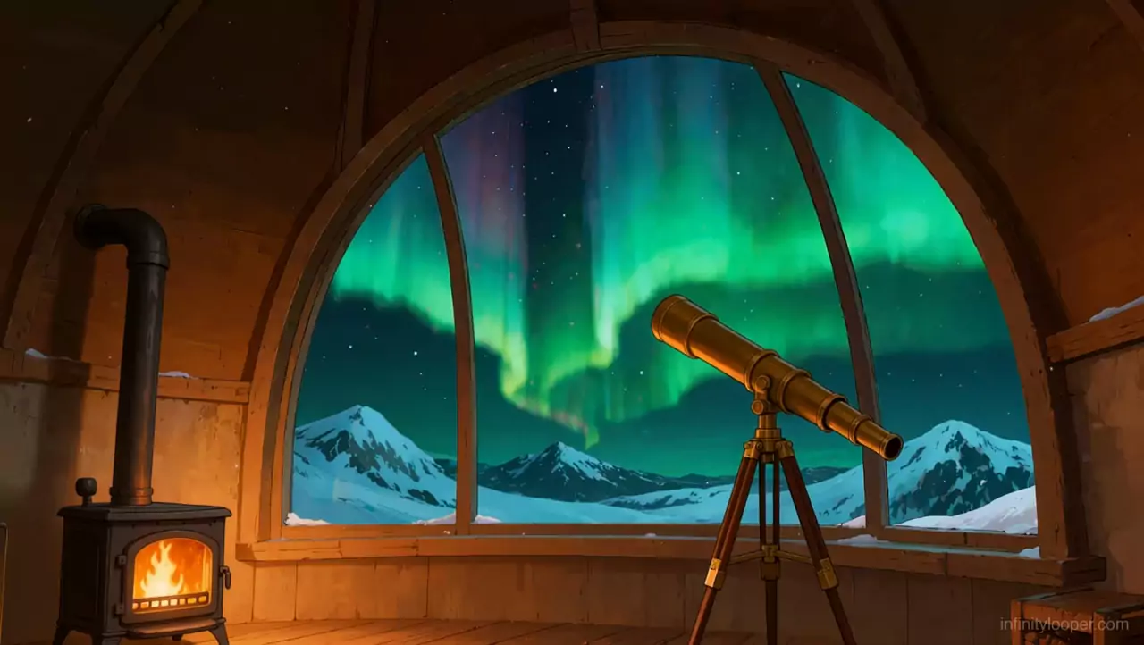 Wooden observatory dome with a brass telescope before an arched window of green northern lights over snowy peaks, a stove lit