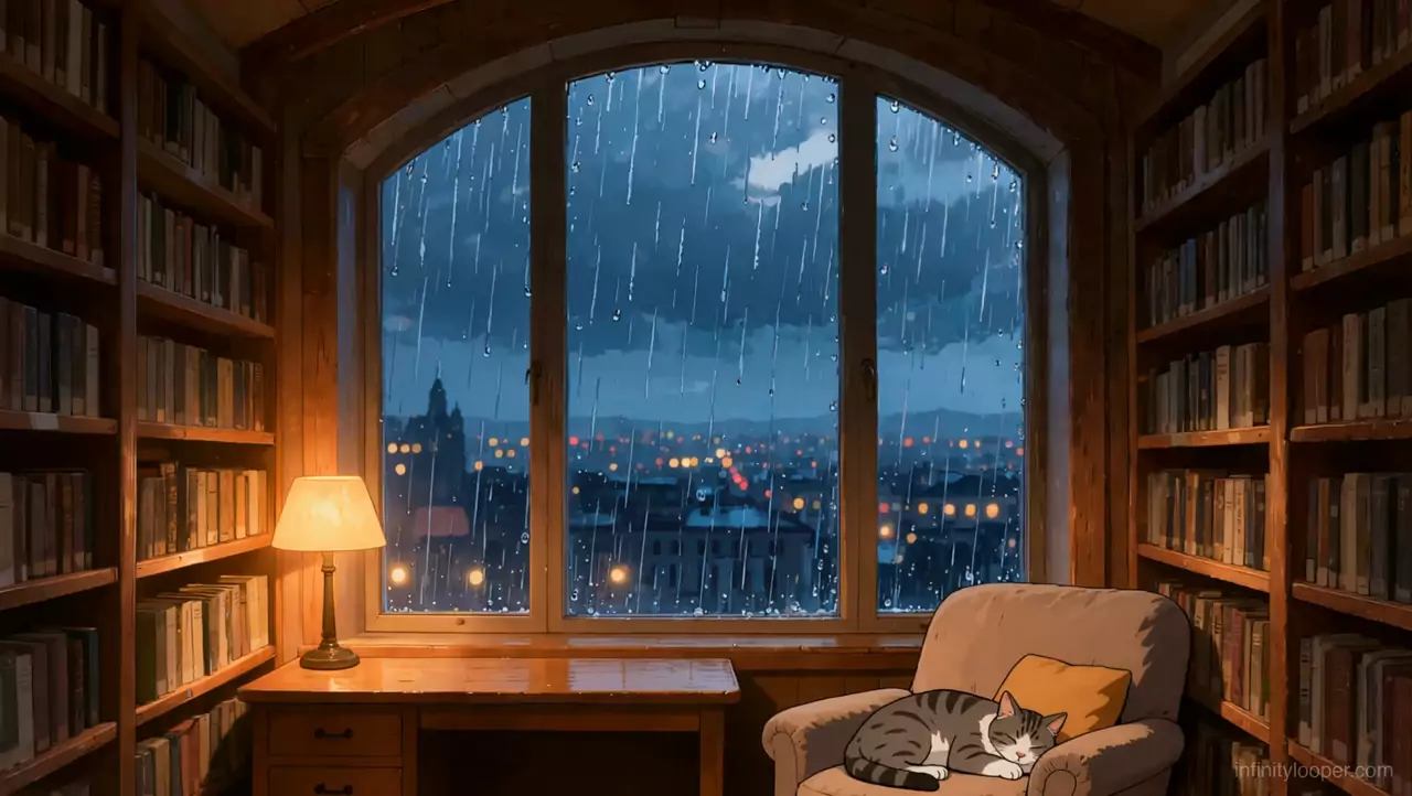 Home library with an arched rain-covered window over city lights, a lamp on a desk and a tabby cat asleep in an armchair