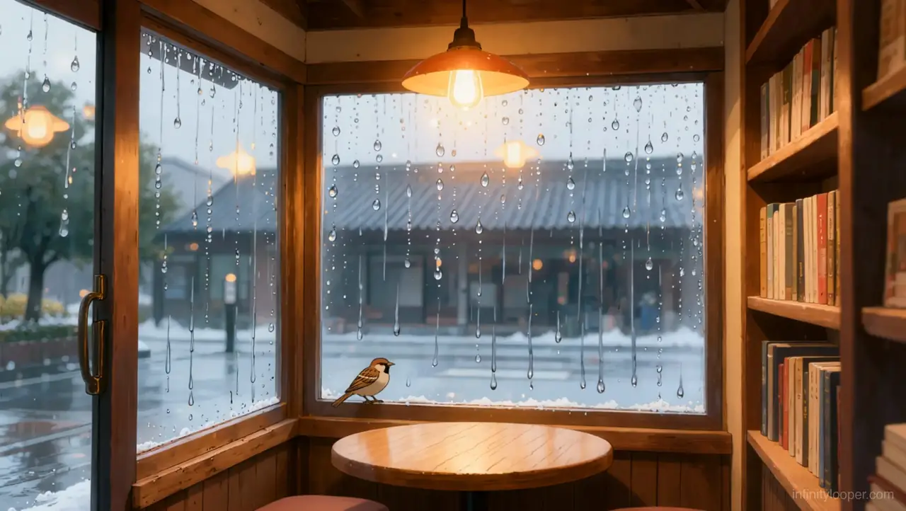 Corner cafe table under a copper lamp, rain on the windows, a snowy street outside and a sparrow on the sill beside bookshelves