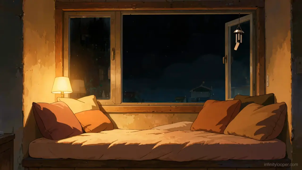 Lamp-lit window seat with orange and rust cushions, a dark night sky outside and a wind chime hanging at the open window