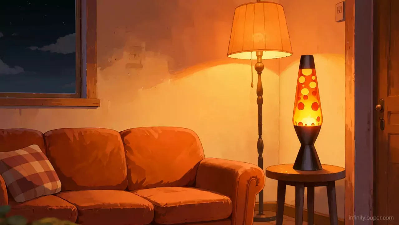 Amber-lit living room corner with an orange sofa, plaid cushion, tall floor lamp and a glowing lava lamp on a round table