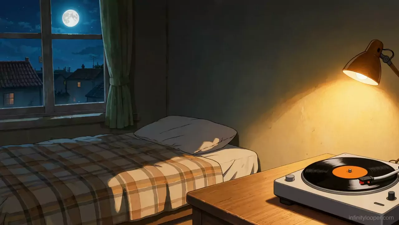 Night bedroom with a plaid bed, a full moon over rooftops in the window, a desk lamp and a turntable with a record