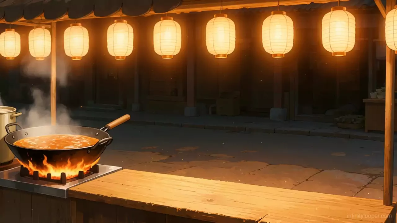 Night market stall with a wok of stew over flames, rising steam and a row of glowing paper lanterns above an empty street
