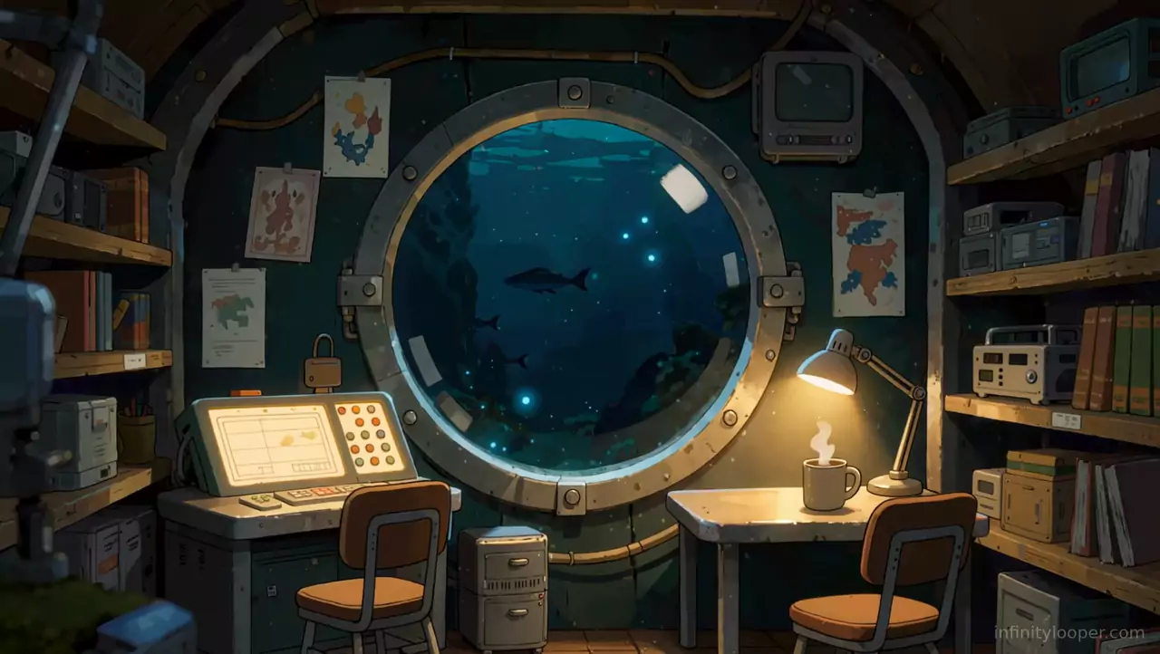 Cramped undersea lab with a control desk, lamp, steaming mug and a round riveted porthole showing fish in deep blue water
