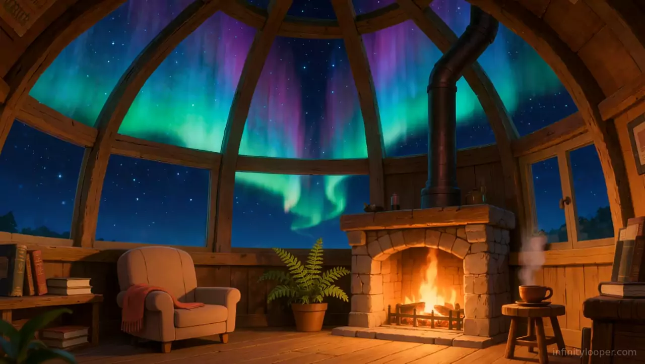 Round wooden cabin with a glass dome showing green and purple aurora, a stone fireplace, armchair, fern and steaming cup