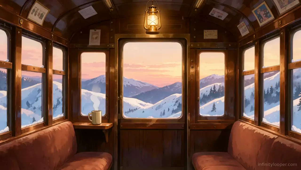 Wooden train carriage with red benches and a hanging lantern, snowy mountains at sunset through the windows