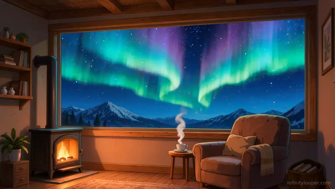 Cabin with a wood stove, armchair and steaming cup before a wide window showing green northern lights over snowy mountains
