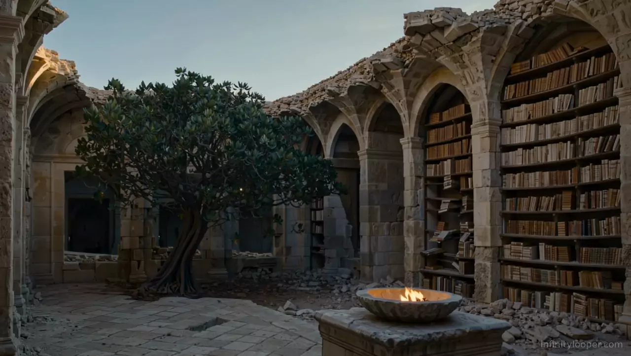 Roofless stone library ruin with book-filled arches, a tree in the courtyard and a small fire burning in a carved stone bowl