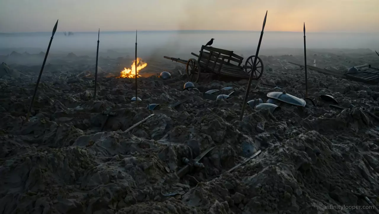 Misty battlefield with spears in churned earth, scattered helmets and shields, a small fire and a crow on a broken cart