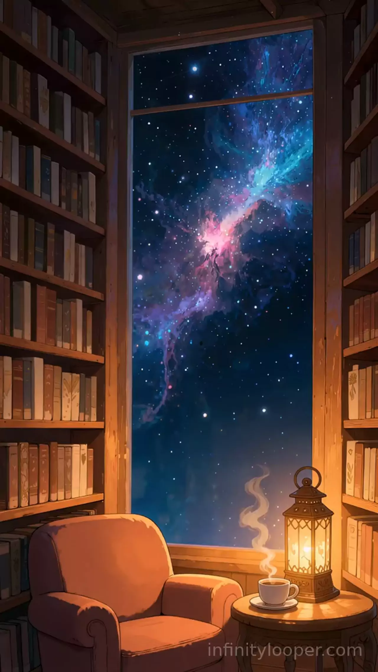 Library window filled with a pink and blue nebula, bookshelves on both sides, an armchair, lantern and teacup