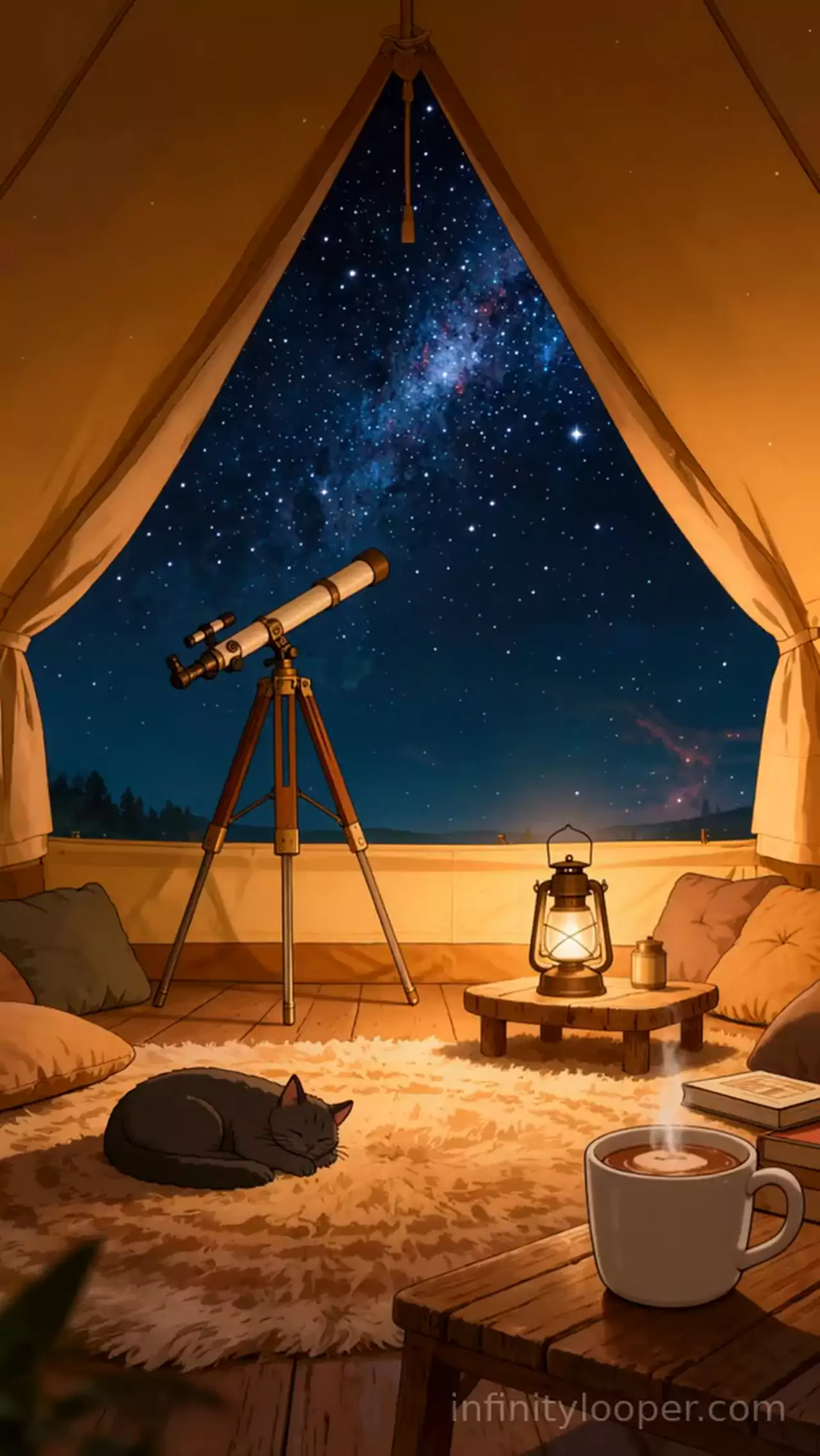 Canvas tent opening onto the Milky Way, a telescope on a tripod, glowing lantern, sleeping cat and steaming mug