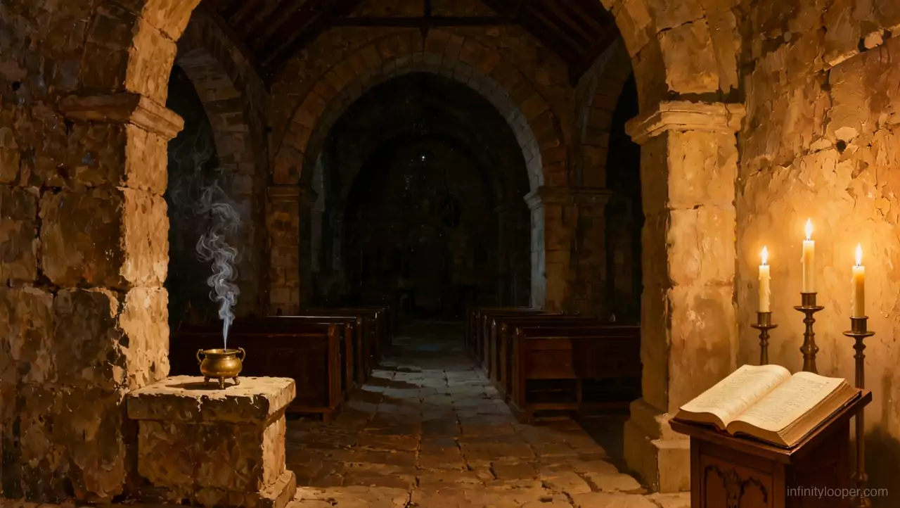 Stone chapel aisle with pews, three lit candles beside an open book on a lectern, incense smoke on the left